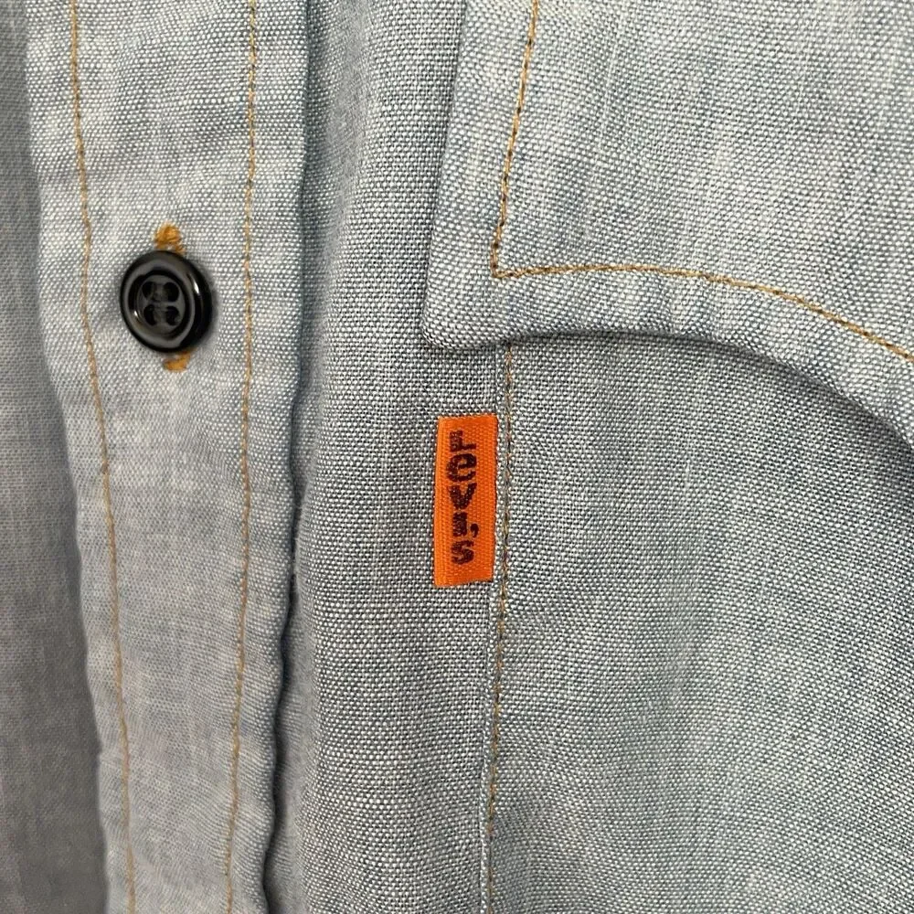VTG 70s Levi’s Chambray Orange Tab Men’s Work Shirt Sky Blue Cotton Blend Large